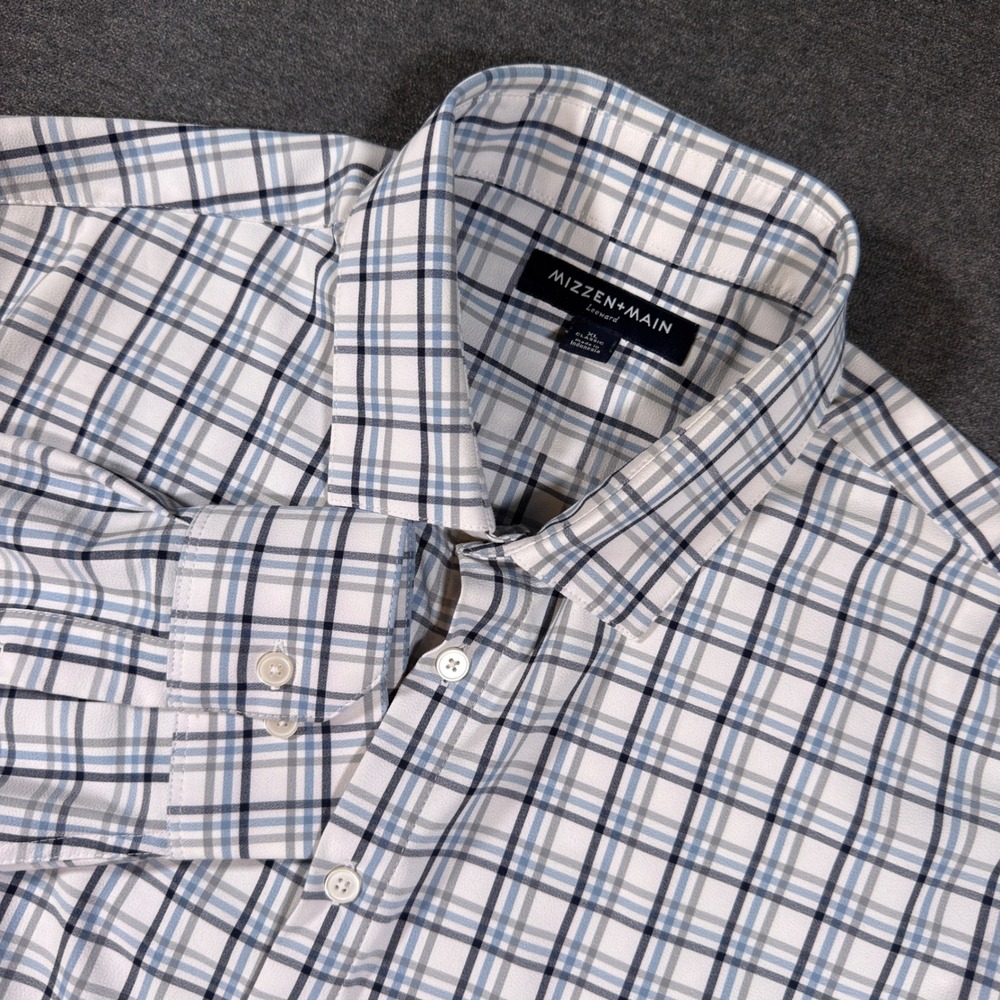 Mizzen+Main Button Down Mens XL White Blue Plaid Leeward Classic Fit Stretch